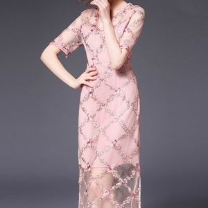 Pink Sheer Formal Dress with Embroidery detail